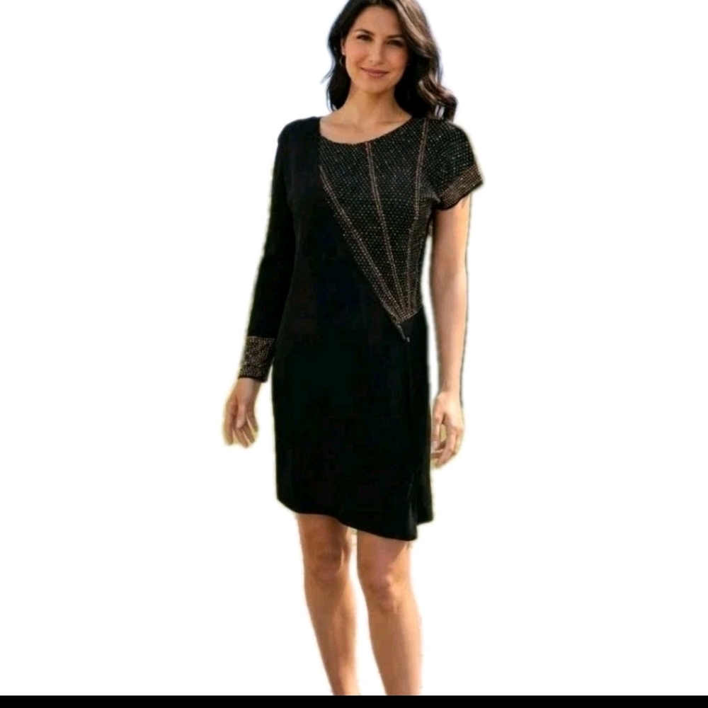 Justcavalli Knee Dress Sz S Solid Black  Assymetrical Gold Metalics Dots